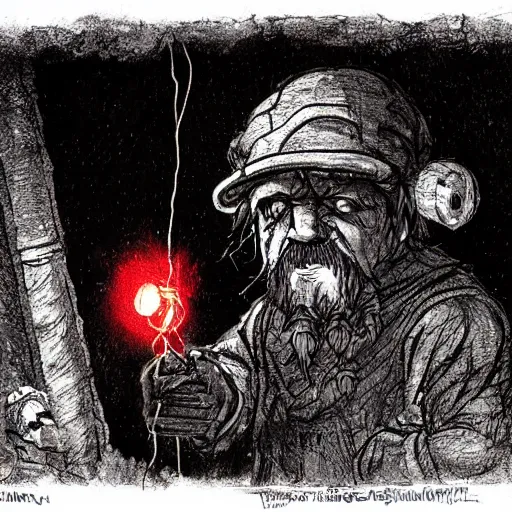 Prompt: an angry, grimy, dirty, grumpy [ old ], miner elf ( with red hat and a glowing latern ) in a pitch black mine, looks into the camera. angry kubrick stare, low key lighting, high contrast, faux painting, fairy tale illustration, character concept art by ivan bilibin, gustave dore and marc simonetti