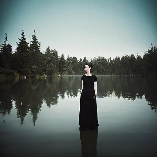 Image similar to portrait of a woman standing in a lake, short black curly hair, by marat safin