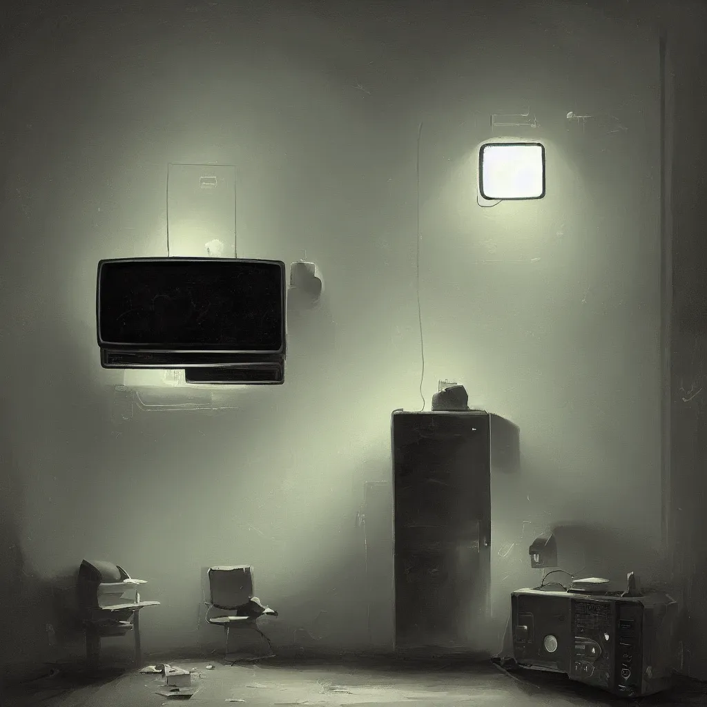 Image similar to a dark black room by night with a vintage tv, the door is nearly closed and thus shines light in a painting from stalenhag, 4 k, 8 k, hdr, artstation, concept art