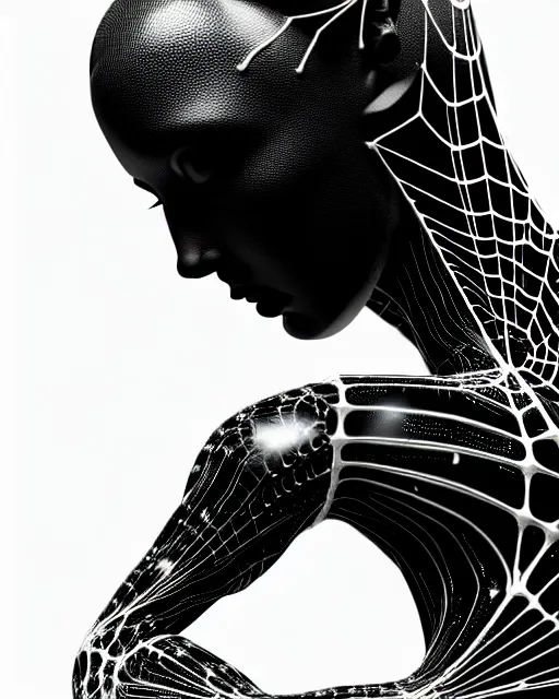 Image similar to black and white cyborg-plant goddess high quality photo, artificial intelligence, bio-mechanical bio-luminescence, artificial spider web, neurons, nerve cells, octane render, cinematic, rim light, hyper realism, photo-realistic, high detail, 8k, in the style of Steven Meisel and Dora Maar and H.G. Giger