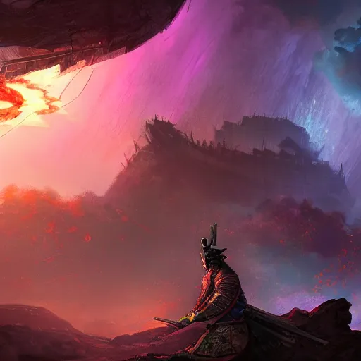 Image similar to a still of a samurai standing in the ruins of crux prime, destroyed castle, purple and blue fiery maelstrom in the distance, digital art, artstationhq