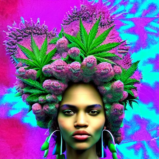 Image similar to a female african marijuanna! shaman with an afro made of flowers, third eye art art by machina infinitum, complexity from simplicity, rendered in octane, mandelbulb 3 d, ambient occlusion, macro photography, felt!!! texture, tribal, pastel! retrowave