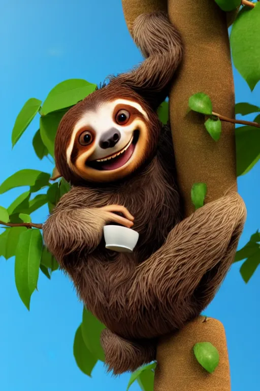 Prompt: a happy sloth climbing a tree with a cup of coffee. Pixar Disney 4K 3d render funny animation movie Oscar winning trending on ArtStation and Behance. Ratatouille style.