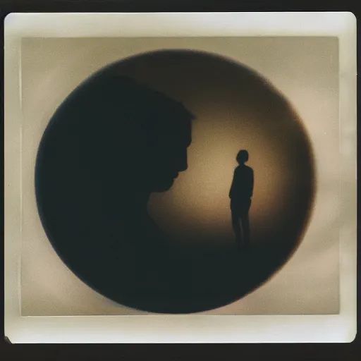 Image similar to polaroid of a dream, silhouettes, reflection, double exposure, high contrast