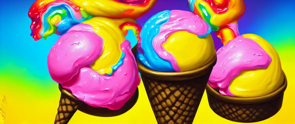 Image similar to hyperrealistic popart supercute melting! multicolored ice cream jason limon digital painting dramatic yellow lighting high angle hd 8k sharp shallow depth of field