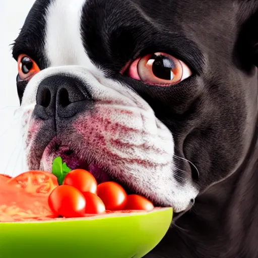 Image similar to boston terrier with a human beard eating tomato's with cheese, photorealistic, high detail, 8 k resolution