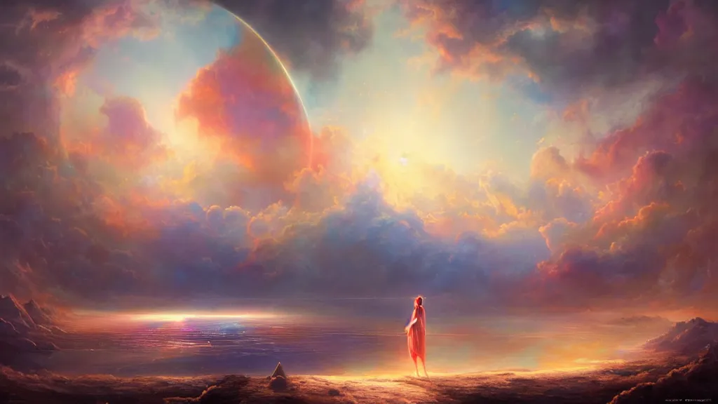 Image similar to a ultradetailed beautiful matte painting of the keeper of the prism of emotion radiating with dreamy colours, magical reflection opening in the sky, splash of colours, crystalline formation, oil painting, high resolution 4 k, by tom bagshaw, greg rutkowski, and artgeem