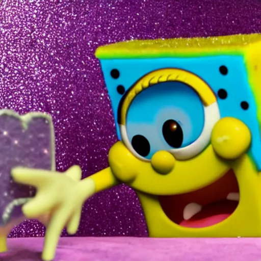 Prompt: Sponge Bob with silver-violet hair, white eyes and golden glittery dress, wide lens, diorama, 4k,