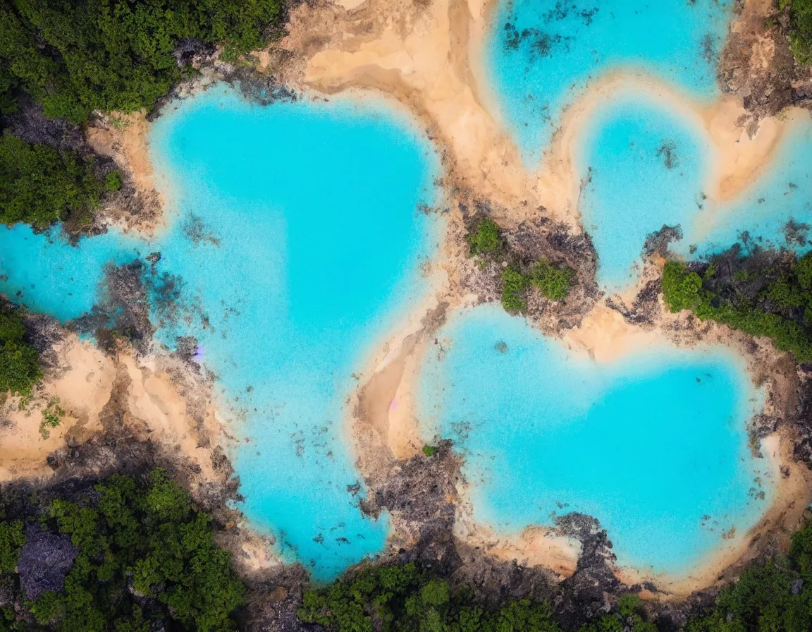 Prompt: photo of ultra realistic blue lagoon with exotic tree heart / shaped sandy beach island, sunset lighting