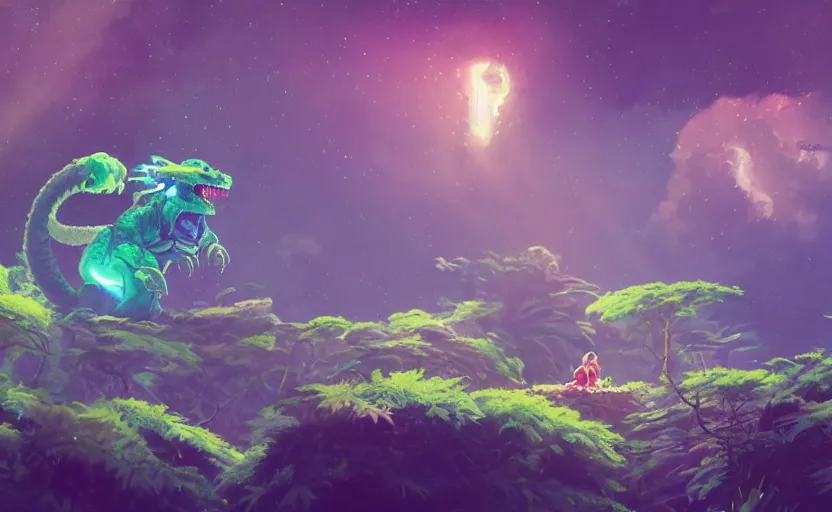 Image similar to a still of a cute adorable tiny astronaut, on a planet of lush foliage, with an enormous kaiju dragon surrounding, magical forest, sharp focus, neon backlit, highly detailed, disney pixar studio ghibli makoto shinkai, digital painting, matte, octane render, global illumination, iridescent, anime, 8 k concept art