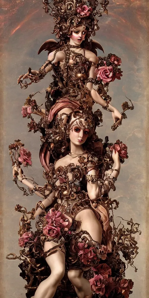 Image similar to a young beautiful Italian metal android with a large glowing pink crystal in the center of her chest, full-body bronze cyberpunk style statue of Andromeda with glowing red eyes, crown of mechanical peach roses, flowing peach silk, fabric, steampunk flowers. baroque elements, human skull. full-length view. baroque element. intricate artwork by caravaggio. many flying horses on background. Trending on artstation, octane render, cinematic lighting from the right, hyper realism, octane render, 8k, depth of field, 3D