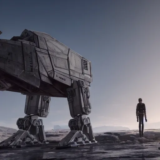 Image similar to a hyperrealistic octane render of a star wars at - at in the pose of the thinker, unreal engine, 8 k, dramatic lighting, volumetric lighting, hyper detailed, photorealistic