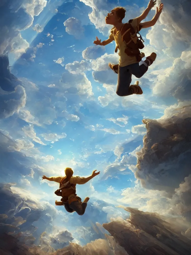 Image similar to jumping to the sky by disney concept artists, blunt borders, rule of thirds, golden ratio, godly light, beautiful!!!