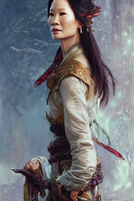 Image similar to Lucy Liu portrait, wuxia, fantasy, elegant, intricate, by Stanley Artgerm Lau, greg rutkowski, thomas kindkade, alphonse mucha, loish, norman Rockwell