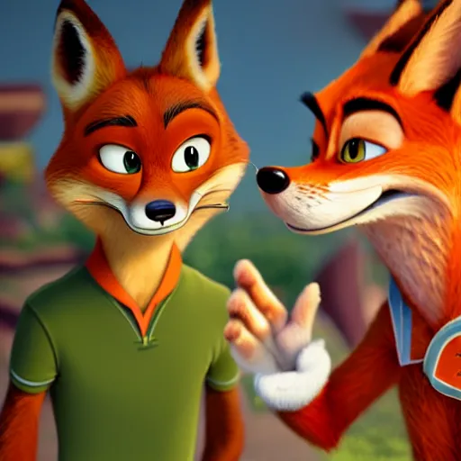 Prompt: Nick Wilde meeting Fox McCloud in Zootopia, deviantart, digital art, highly detailed, 8k