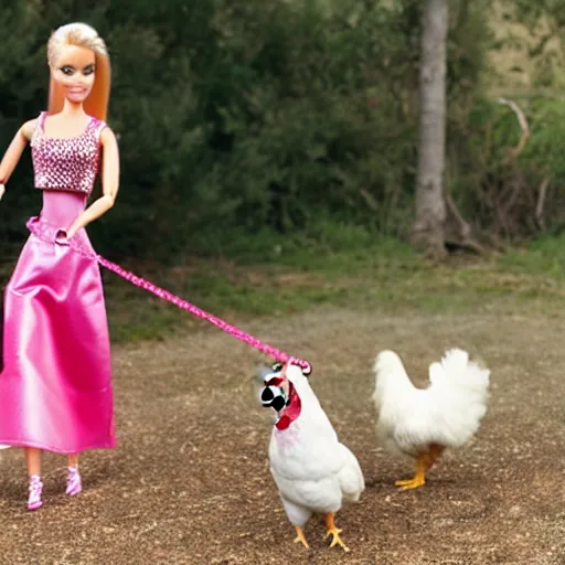 Prompt: barbie walking her pet chicken on a leash