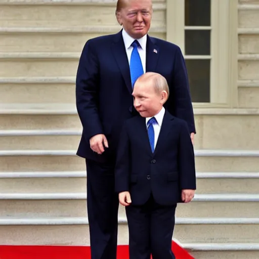Image similar to Putin giving baby trump a tickle, baby trump in suit with full trump haircut