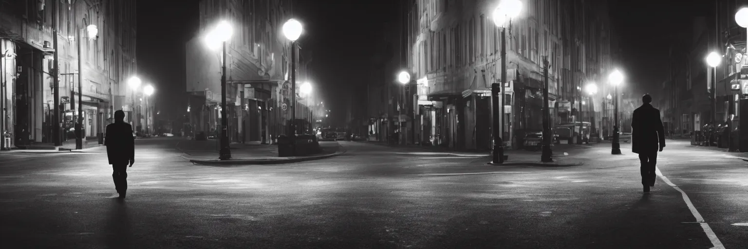 Prompt: a man walking at nightime, street lights, film noir