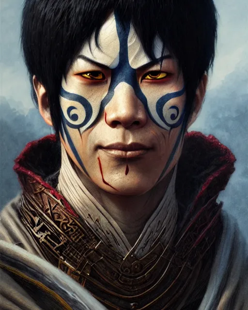 Image similar to zuko from avatar the last airbender, character portrait, portrait, close up, concept art, intricate details, highly detailed by greg rutkowski, michael whelan and gustave dore