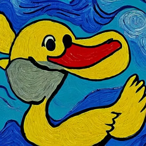 Prompt: a flying duck eating a smiling human being, van gogh style