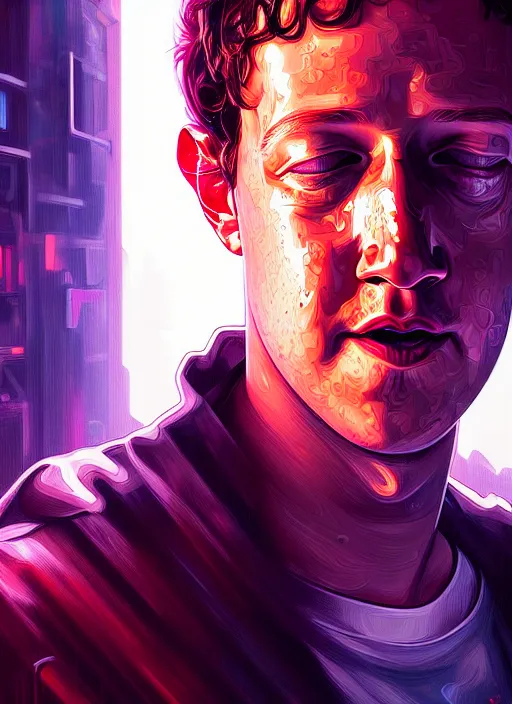 Prompt: portrait of mark zuckerberg crying in cyberpunk hellscape, half body shot, path traced, environment, highly detailed, high quality, digital painting, alena aenami, lilia alvarado, shinji aramaki, karol bak, alphonse mucha, tom bagshaw