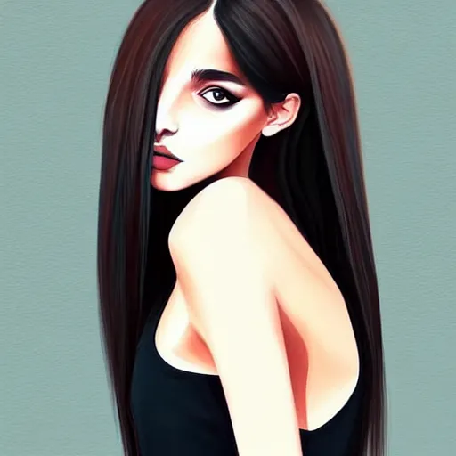 Prompt: attractive elegant sophisticated reservedyoung woman, slim figure, perfect silky straight hair, smooth tan skin, dark circles under bemused eyes, hip emo fashion, tshirt, shorts, pinterest, very interesting digital painting, beautiful portrait