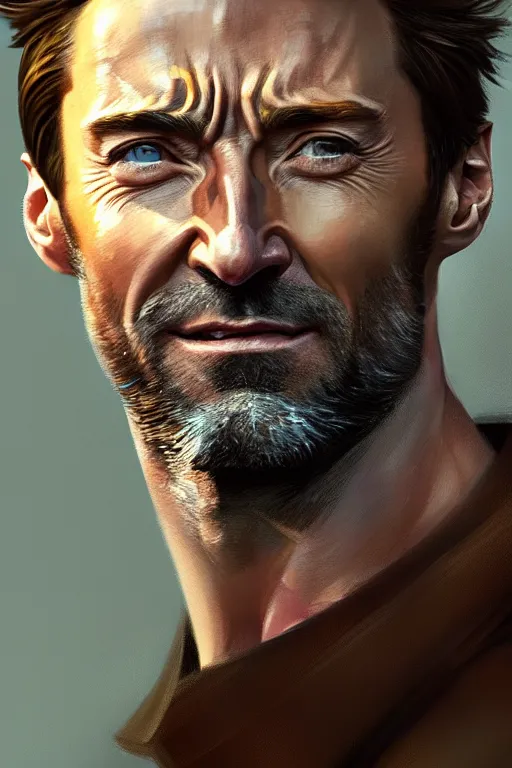 Image similar to ultra detailed close up facial portrait of hugh jackman, extremely detailed digital painting, in the style of fenghua zhong and ruan jia and jeremy lipking and peter mohrbacher, mystical colors, rim light, beautiful lighting, 8 k, stunning scene, raytracing, octane, trending on artstation