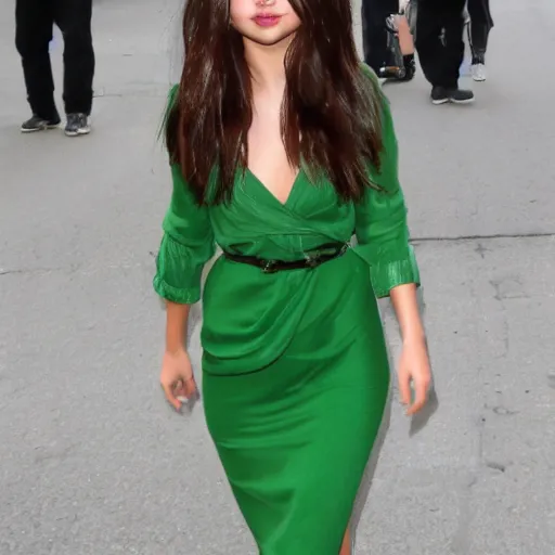 Prompt: Selena Gomez as a beautiful goddess wearing an elegant flowing green dress