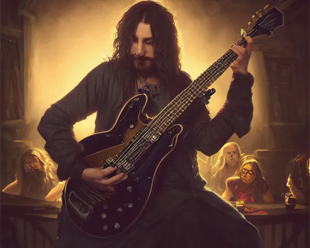 Image similar to photography of bard wearing a band shirt while playing a black electric guitar at a tavern concert, 8 k, deep focus, d & d, fantasy, intricate, elegant, highly detailed, digital painting, artstation, concept art, matte, sharp focus, illustration, hearthstone, art by artgerm and greg rutkowski and alphonse mucha