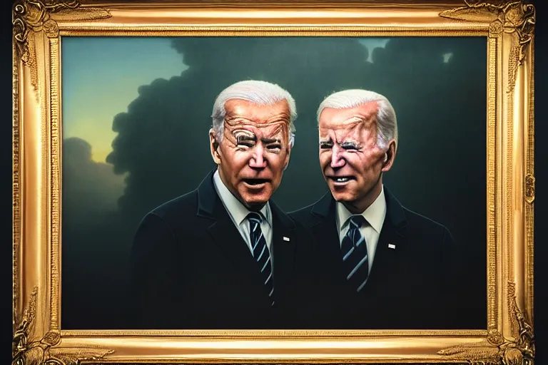 Image similar to Trump and Biden!!!!! , portrait, close shot, dark makeup, dark crown with magical ruby, painting by Studio Ghibli, Ivan Aivazovsky and Greg Rutkowski, artstation, fantasy, intricate, beautiful, cinematic, octane render, arnold render, 8k, hyper realism, detailed, sharp focus, 4k uhd, masterpiece, award winning