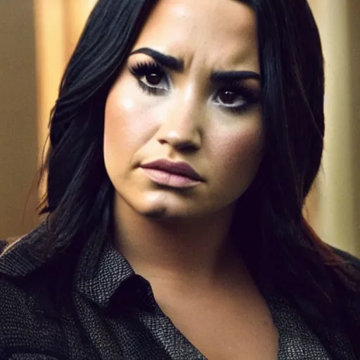 Image similar to close-up of Demi Lovato as a detective in a movie directed by Christopher Nolan, movie still frame, promotional image, imax 70 mm footage