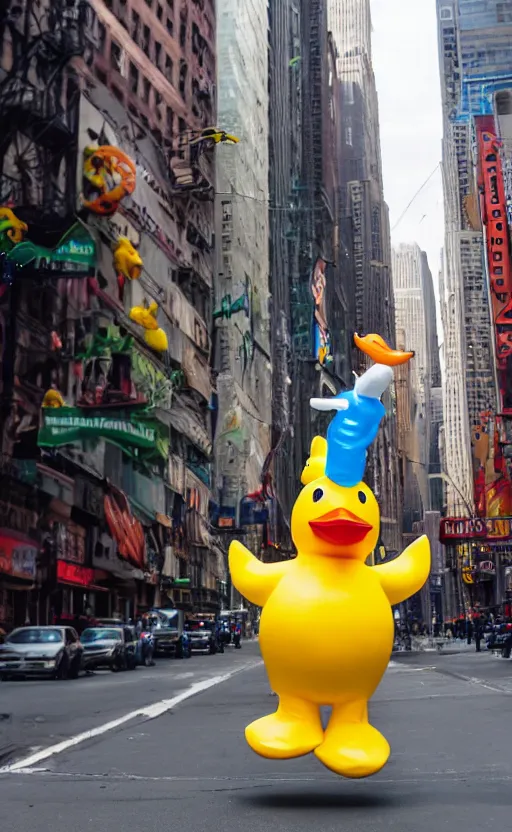 Image similar to photo of a man wears a rubber duck costume dancing on a gelatinous unicorn on a new york street, photo, photorealistic, detailed, high quality, high resolution, lossless quality, 8 k, hdr, 4 k, 8 k resolution