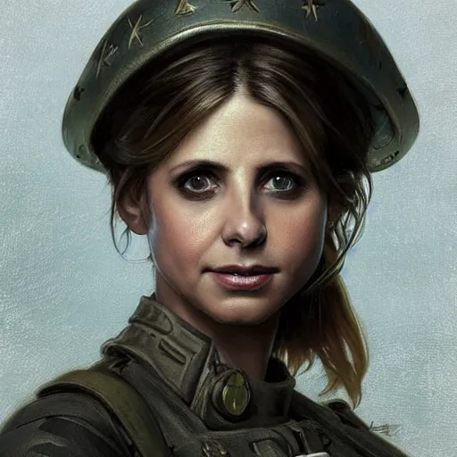 Prompt: sarah gellar as a soldier, gorgeous, amazing, smooth, intricate, highly detailed, digital painting, artstation, concept art, sharp focus, illustration, art by greg rutkowski and alphonse mucha and even amundsen