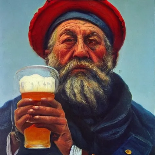 Image similar to painting of sailor hobo hyperrealism vasily vereshchagin with beer mug