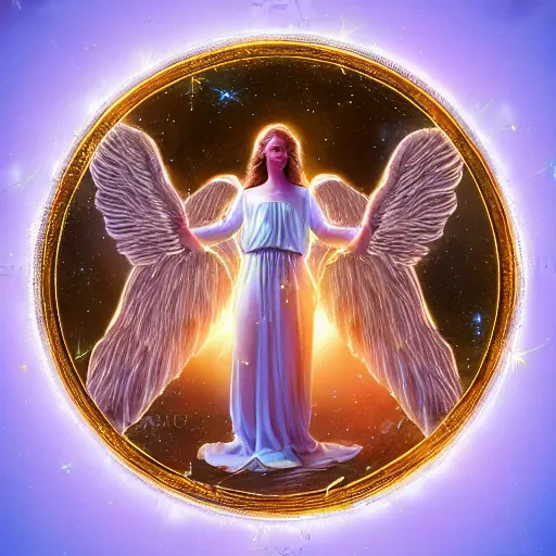 Prompt: Angel in the universe, surrounded by a light circle, glowing, high saturation, cinematic light effect, realistic, adding detail, rococo style, high definition