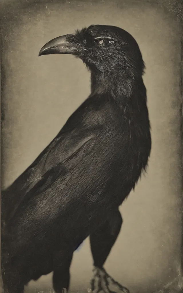 Prompt: portrait of a creepy human - crow hybrid, daguerreotype, studio lighting, hyperrealistic, ultra detailed