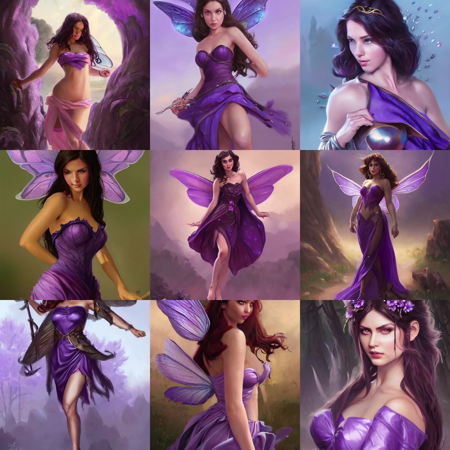 Prompt: brunette fairy woman, wearing purple strapless dress, d & d, fantasy, highly detailed, digital painting, trending on artstation, concept art, sharp focus, illustration, art by artgerm and greg rutkowski and magali villeneuve