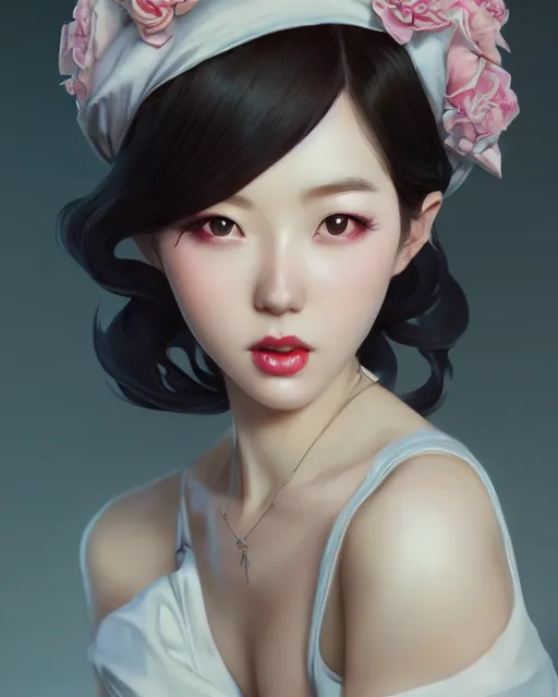 Prompt: a pin up and beautiful fashion charming dreamlike korean girl with low cut dress, character art, art by artgerm lau and kyoung hwan kim and and ilya kuvshinov and john singer sargent, hyperdetailed, 8 k realistic, symmetrical, frostbite 3 engine, cryengine, dof, trending on pixiv, digital art