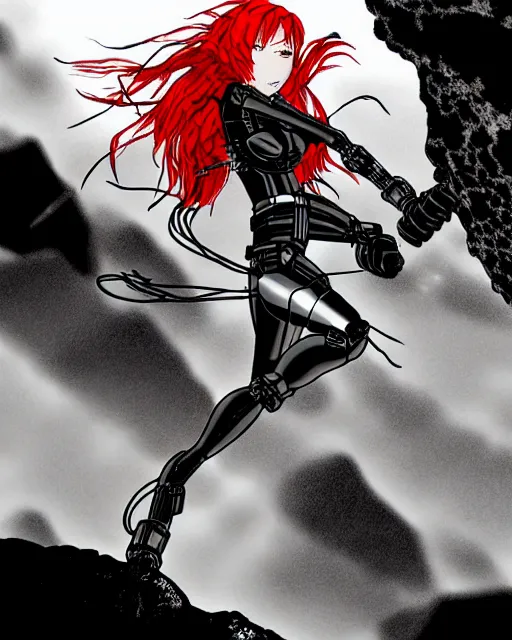 Image similar to black widow red hair flies with a parachute from everest and fires pistols at robots with techno details, by tsutomu nihei, black and white, wires clouds and destroed rocks background