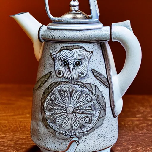 Prompt: still life photograph of an owl kettle, long spout on it, glazed ceramic, tilt shift, very beautiful, global illumination, intricate linework