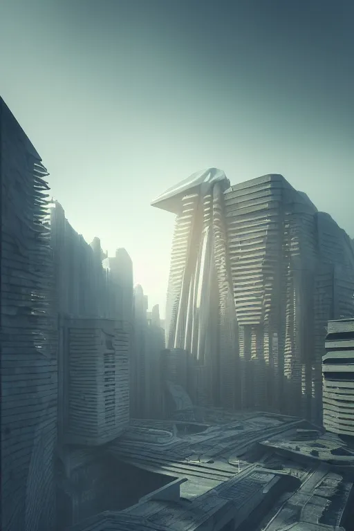 Image similar to sci - fi concrete brutalist architecture in bladerunner scene, zaha hadid, beksinski, photoreal, highly detailed, 8 k, hd, vray, artstation, trending on behance, cinematic matte painting, extreme detail photo quality, sunrays, sunset, featured on behance