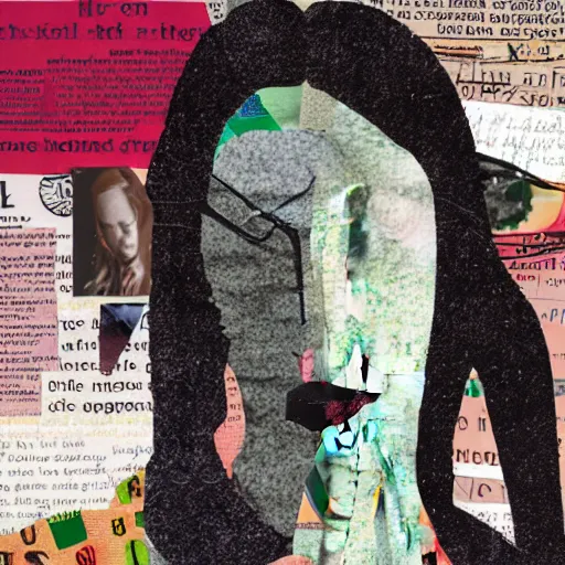 Prompt: a portrait of a depressed girl made in a magazine clipping collage style, made by a depressed art student, art project