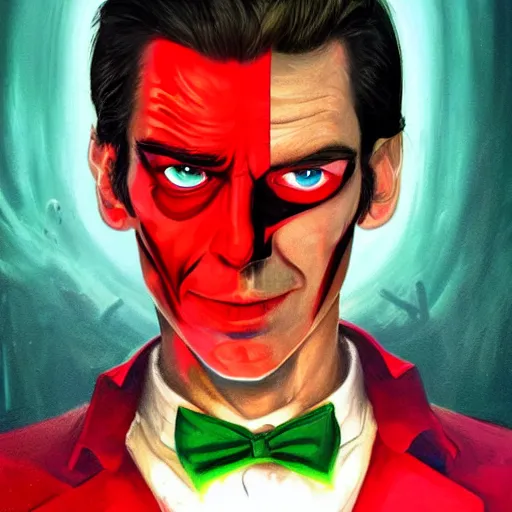 Image similar to portrait of a confident skinny dark haired man with a scar on his face wearing a red suit as an evil crime boss, high detail, concept art, neon color, vivid color, floating particles, glowing green eyes, background by john harris + roger dean, artwork by charlie bowater + artgerm