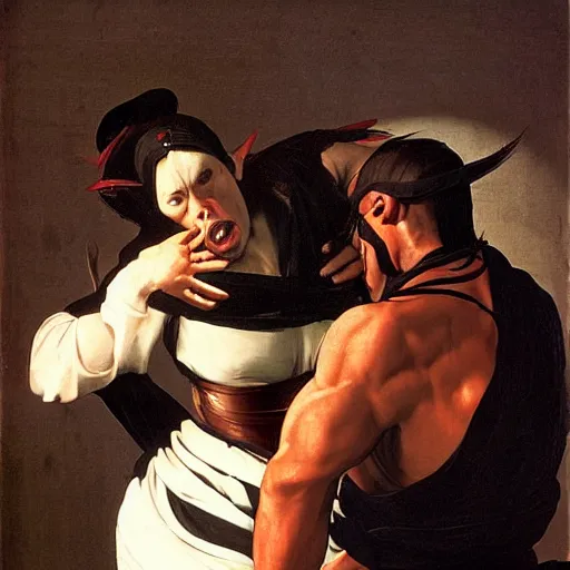 Image similar to woman bewildered by a mortal kombat warrior, by caravaggio