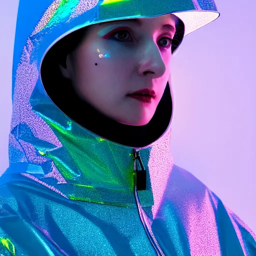 Prompt: an ultra high definition professional studio quality photograph of an artificially intelligent cyberpunk art influencer wearing a transparent iridescent pastel coloured face visor and matching raincoat on white coat hook in a sheer icelandic black rock environment. dramatic lighting. volumetric shadows. light rays