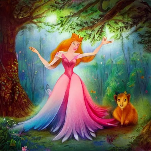 Image similar to A beautiful body art of Princess Aurora singing in the woods while surrounded by animals. She looks so peaceful and content in the company of the animals, and the colors are simply gorgeous. by Victor Adame Minguez, by Alice Rahon