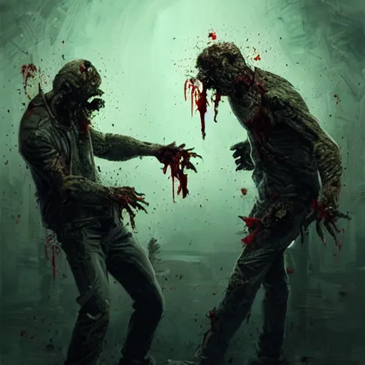 Prompt: two angry zombie men tearing off each other's heads, intricate, art by greg rutkowski, high detailed, 4 k,