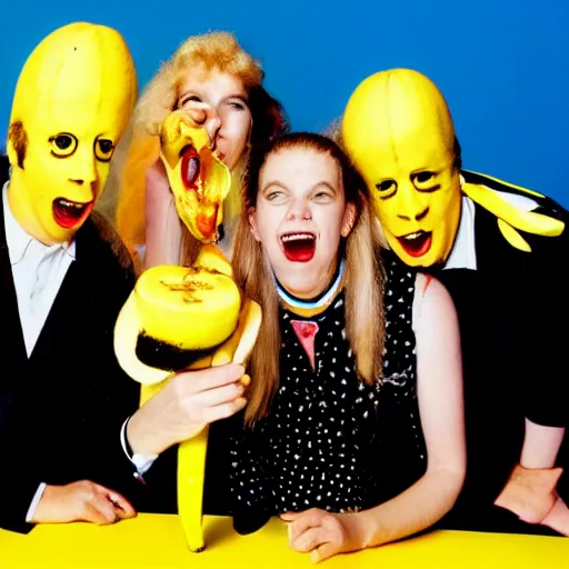 Prompt: 8 0 s punk rock band holding banana microphone, with banana costumed background singers, concert photo, getty images