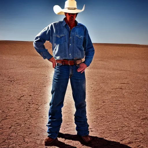Prompt: an annoyed cowboy in a desert