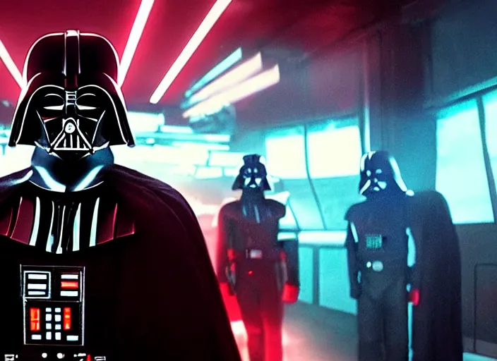 Image similar to film still of Darth Vader goes to a night club in the new Star Wars movie, 4k